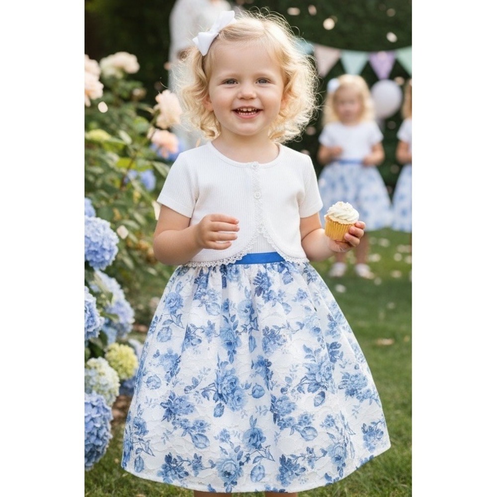Nannette Girls Floral Dress Size 4 2 Piece White Jacket Blue 4T Sunday Formal